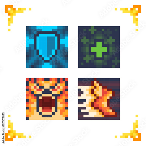 A set of pixel art RPG skill icons: rage, protection shield, speed, and healing. Ideal for combat ability UI, skill trees, and HUD buff indicators.