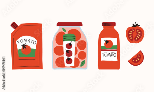 Tomatoes jar, ketchup, canned vegetable set. Tin can tomatoes collection. Red Tomato Product with Ketchup, Juice and Can Vector Set. Simple doodle style. Sliced tomato.