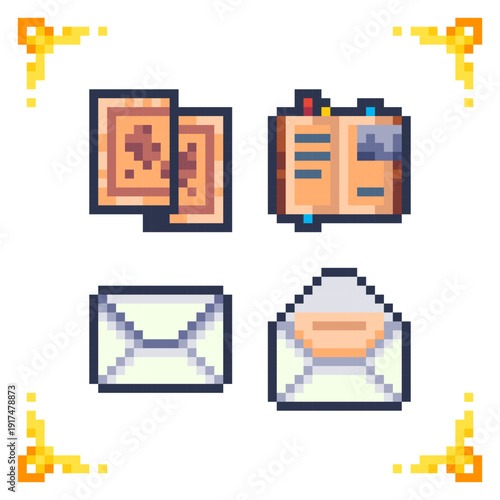 A set of pixel art explorer icons: ancient map, journal, and letters. Ideal for RPG inventory, quest log UI, and adventure game clues.