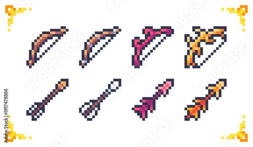 A set of pixel art treasure cave icons: chest, pickaxe, coin, key, map, torch, crystal skull, and meat. Ideal for RPG inventory, mining mechanics, and dungeon adventure assets.