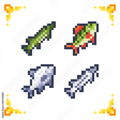 A set of pixel art fish icons: pike, perch, bream, and sturgeon. Ideal for fishing mechanics, RPG food inventory, and survival game assets.