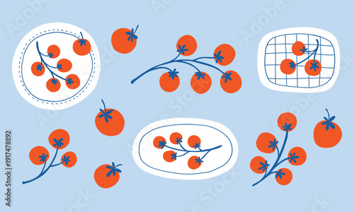 Doodle Mediterranean cherry tomato on plate. Hand-drawn illustrations set of tomato vines. Red cherries on a plate. Italian dinner menu. Blue and red colors. Simple sketch local farm production.