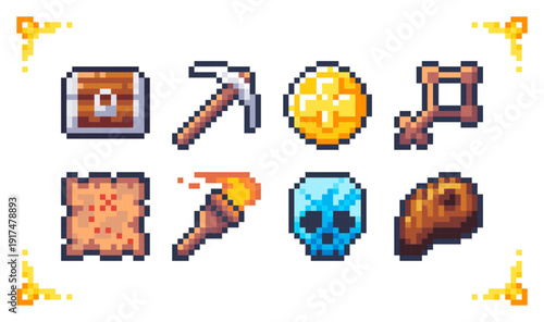 A set of pixel art cave treasure icons: crystal skull, pickaxe, chest, map, torch, and key. Ideal for mining RPG inventory, dungeon loot, and adventure UI assets.
