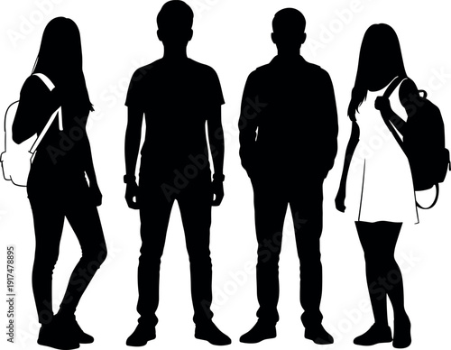 Silhouettes of four young students standing together with backpacks isolated on white background vector illustration.