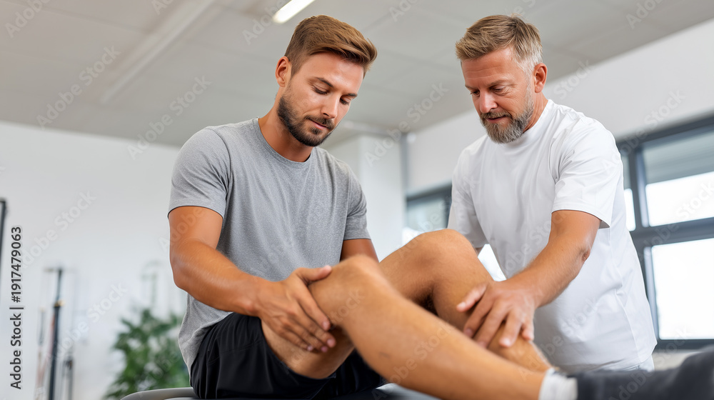 Obraz premium Physiotherapist examining patient knee during rehabilitation session. Sports injury recovery, physical therapy, leg assessment, professional treatment, fitness center, healing process, medical care.