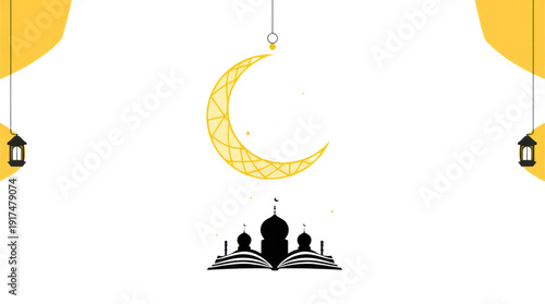 Islamic Crescent Moon Mosque and Holy Book with Lanterns on Transparent Background
