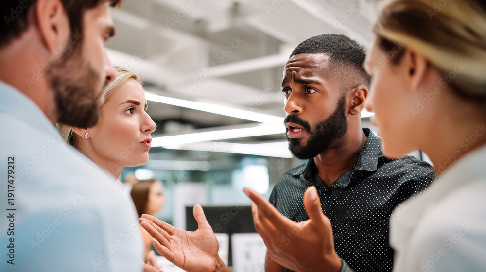 Fototapeta premium Business team disagreement during meeting at modern office. Coworkers debating project ideas, professional conflict resolution, diverse group communication, workplace teamwork collaboration discussion