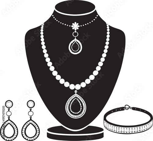 Black and white illustration of pearl necklace earrings and bracelet on display jewelry pearls