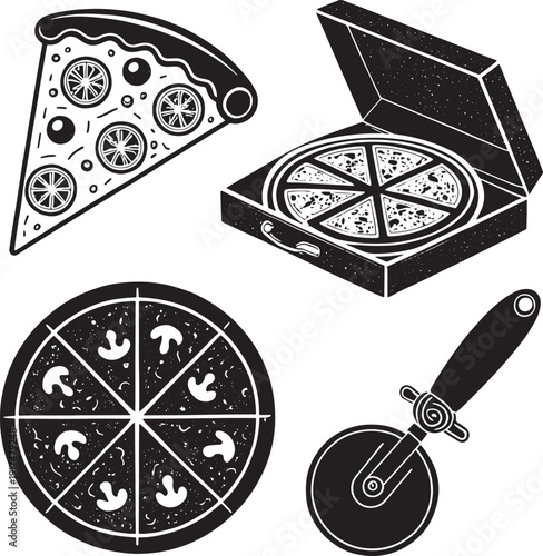 Black and white illustration of pizza slice pizza box and pizza cutter food