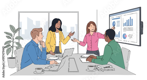 Business team discussing graphs on screen.