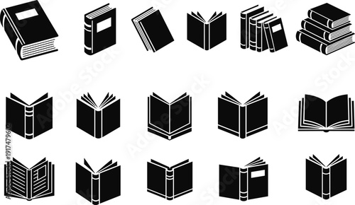 Book icons collection featuring open and closed hardcover volumes isolated black silhouette vector illustration set for education design