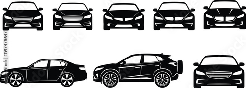 Car silhouettes collection featuring sedan and SUV front and side views isolated black vehicle vector illustration set