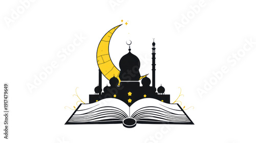 Islamic Mosque Silhouette with a Glowing Crescent Moon and Stars Above an Open Holy Book