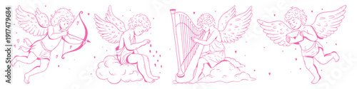 Hand drawn cherub set. Whimsical vintage cupids with harp, bow and love letter for romantic designs.