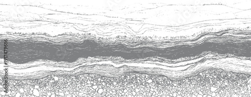 Abstract grayscale layered geological strata with gravel texture at the bottom