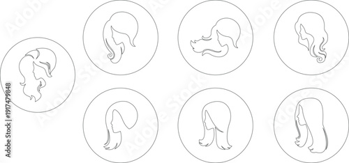 This icon set presents a refined of female profile showcasing a variety classic hairstyles. Each design graceful outline of a woman’s head, emphasizing the natural flow, volume, and movement of hair.