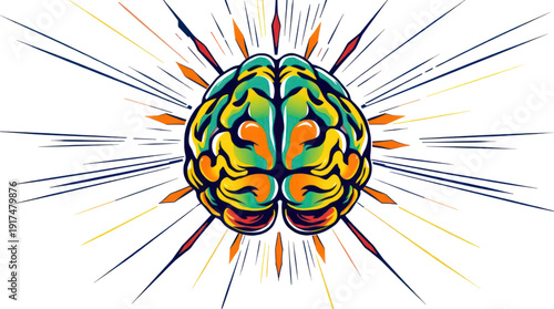 Brain Illustration with Vibrant Colorful Light Rays Bursting Outward