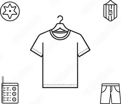 Black outline icons of t shirt shorts star and shield on white background clothing apparel