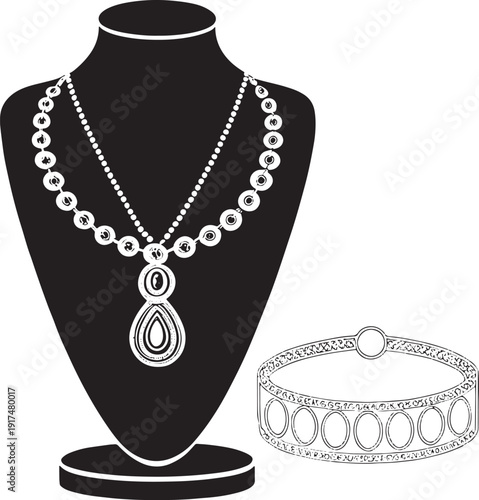 Black jewelry display bust with white pearl necklace and ornate bracelet vector