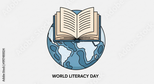 World literacy day icon with open book on globe symbolizing education and reading awareness globally