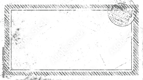 Distressed vintage postcard frame with diagonal stripes and circular stamp border