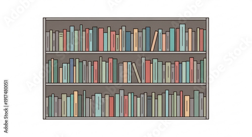 Colorful bookshelf with various books stacked horizontally on three wooden shelves in a library setting with a gray background