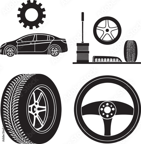 Black silhouette car tire gear steering wheel and jack on white background automobile vehicle