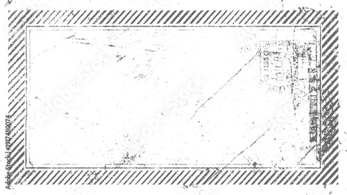 Grungy distressed rectangular frame with diagonal hatching and textured paper overlay grunge