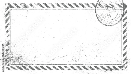Distressed grey striped border with circular stamp on white textured background diagonal