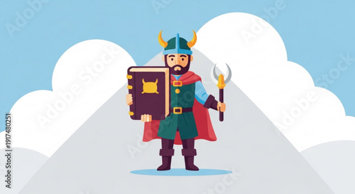 Viking warrior standing on mountain peak with book and torch clouds in background heroic scene