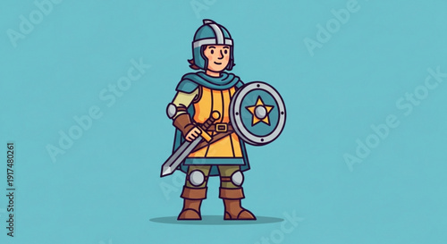 Medieval cartoon warrior in armor holds sword and shield with star on blue background brave knight ready for battle