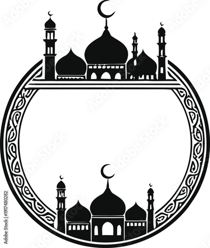 A simple black and white illustration of a mosque within a circular frame.