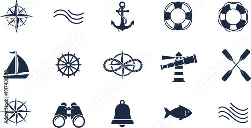 Nautical marine icons set featuring anchor lighthouse compass ship wheel lifebuoy boat and ocean symbols vector illustration collection