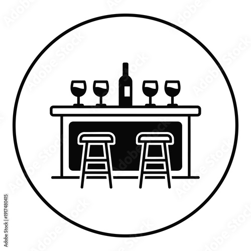 Wine bar counter with two stools and four glasses  bottle on table icon