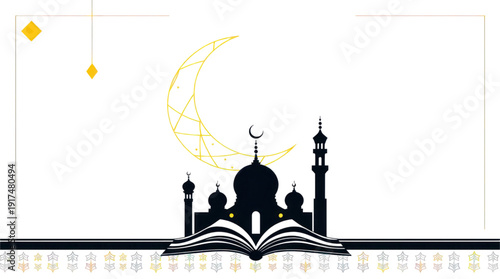 Islamic Ramadan Celebration with Mosque Silhouette Crescent Moon and Decorative Elements