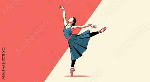 Ballet dancer in dynamic pose with flowing blue dress on red and beige background performing artistic movement