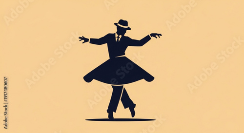 Silhouette of elegant man in suit and hat dancing dramatically on beige background with arms outstretched and dress lifted