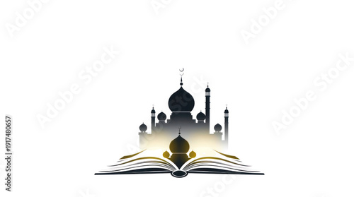 Islamic Mosque Silhouette Emerging from an Open Holy Book with Glowing Pages on Transparent Background