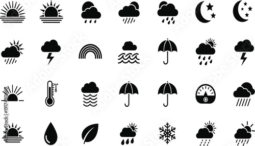 Weather icons set including sun cloud rain snow thunderstorm umbrella rainbow temperature symbols isolated black vector collection design