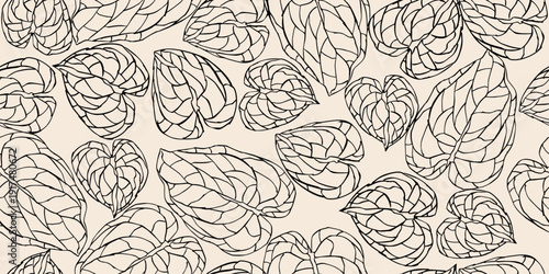 An abstract, hand-drawn line drawing of a Monstera deliciosa plant, featuring a seamless floral design suitable for fabrics, textiles, clothing, posters, covers, banners, and backgrounds. Vector graph