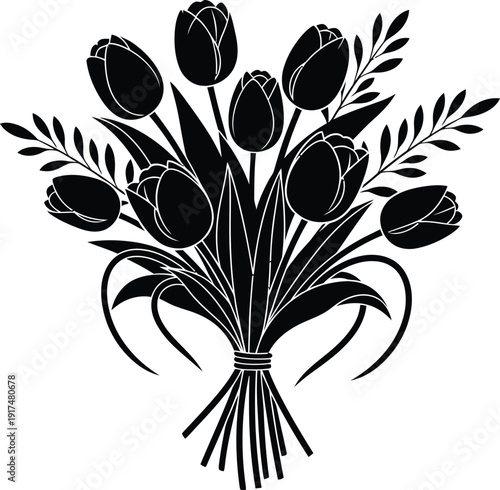 A simple black and white illustration of a tulip bouquet tied with a ribbon.