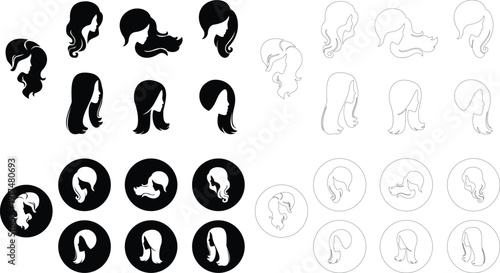 This icon set presents a refined of female profile showcasing a variety classic hairstyles. Each design graceful outline of a woman’s head, emphasizing the natural flow, volume, and movement of hair.