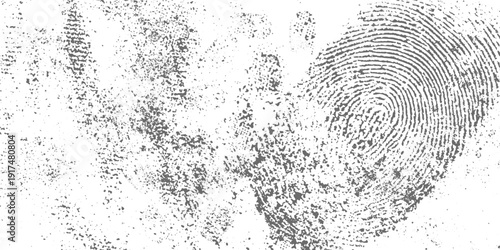 Abstract Dark Grey Fingerprint Pattern with Speckled White Texture Background, Forensic Style Grunge Overlay Design.
