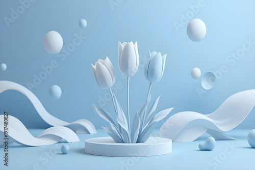 Minimalist White Tulips Floating in Abstract Blue Space Design