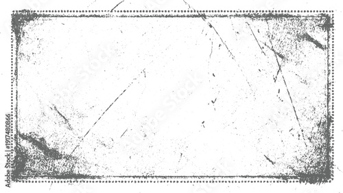 Distressed grey rectangle with perforated edges and scattered marks grunge texture vintage background