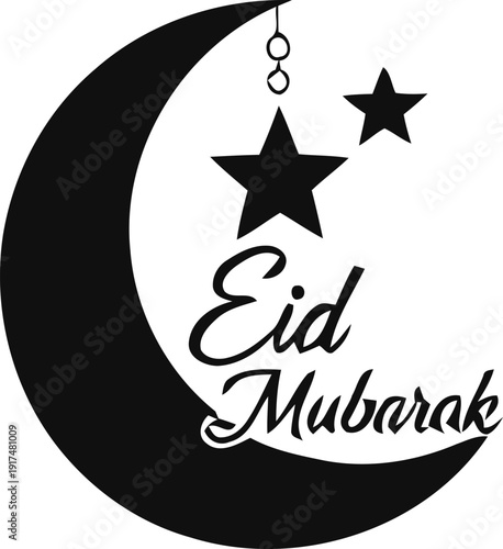 Eid mubarak greeting card with crescent moon and stars