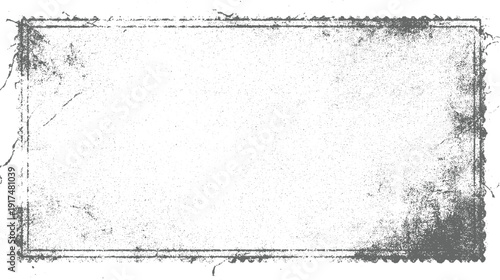 Distressed grey rectangular postage stamp frame with perforated edges and speckled texture rectangle
