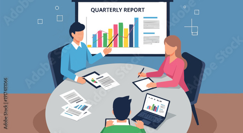 Business meeting with quarterly report presentation.