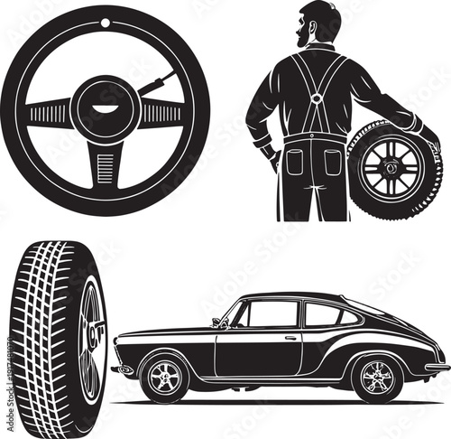 Black silhouette of a man holding a car tire next to a vintage car and steering wheel vector