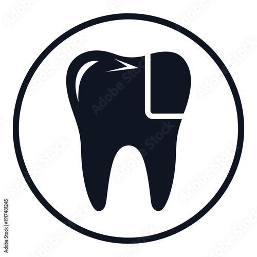Black and white illustration of a tooth with a crack  dental health concept icon